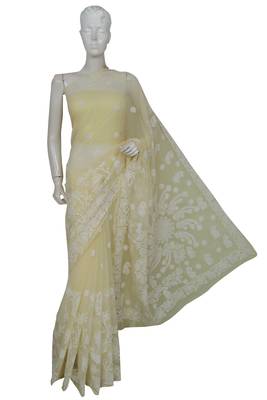 Ada Hand Embroidered Lemon Faux Georgette Lucknow Chikankari Saree With Blouse 1