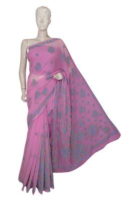 Ada Hand Embroidered Pink Faux Georgette Lucknow Chikankari Saree With Blouse 1