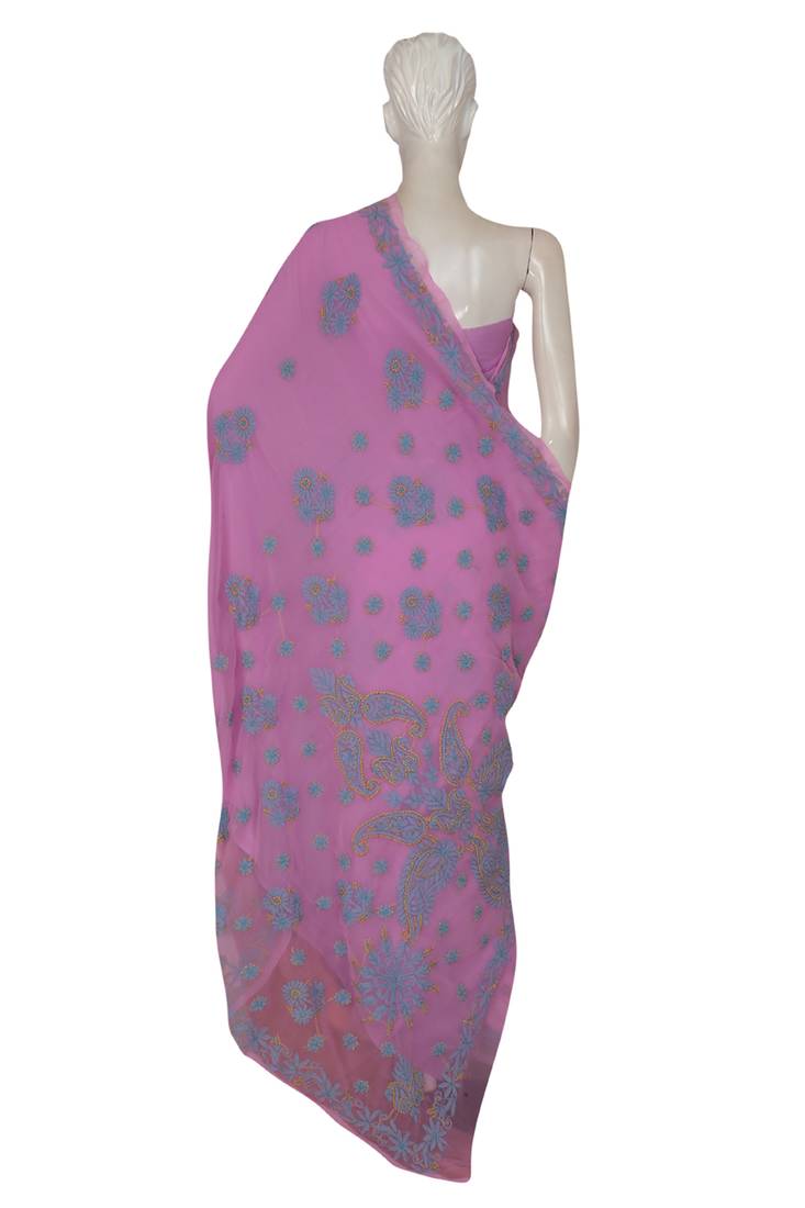 Ada Hand Embroidered Pink Faux Georgette Lucknow Chikankari Saree With Blouse