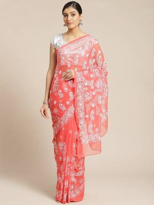 Hand Embroidered Carrot Pink Faux Goergette Lucknow Chikankari Women Saree With Blouse 1