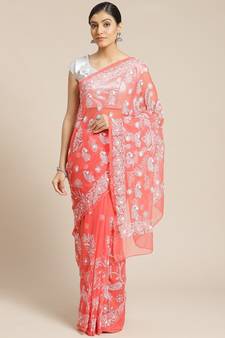 Hand Embroidered Carrot Pink Faux Goergette Lucknow Chikankari Women Saree With Blouse