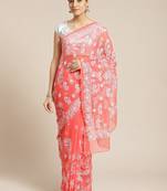 Hand Embroidered Carrot Pink Faux Goergette Lucknow Chikankari Women Saree With Blouse