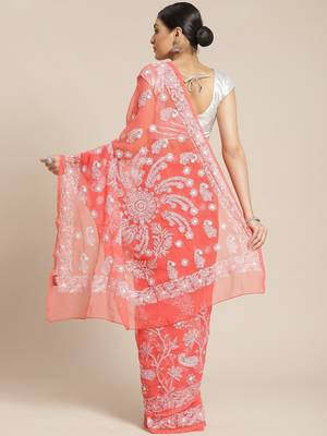 Hand Embroidered Carrot Pink Faux Goergette Lucknow Chikankari Women Saree With Blouse 2