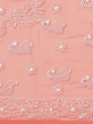 Hand Embroidered Carrot Pink Faux Goergette Lucknow Chikankari Women Saree With Blouse 3
