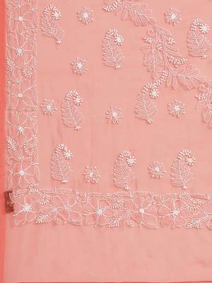 Hand Embroidered Carrot Pink Faux Goergette Lucknow Chikankari Women Saree With Blouse 4