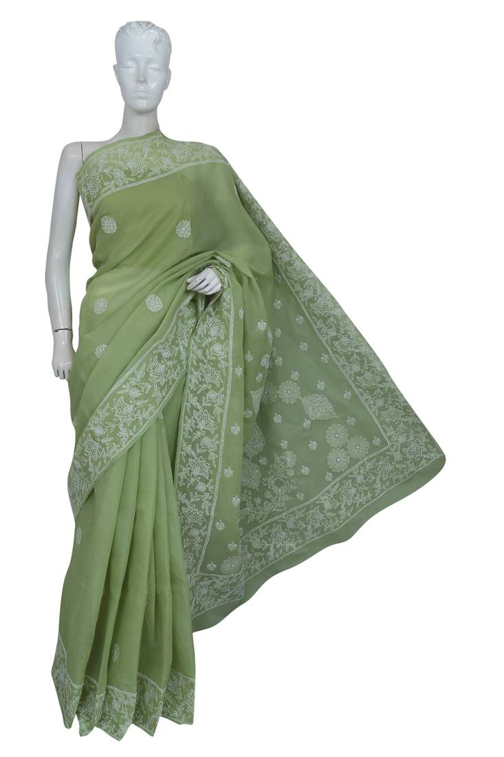 Ada Hand Embroidered Lucknow Chikankari Green Cotton Saree With Blouse