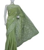 Ada Hand Embroidered Lucknow Chikankari Green Cotton Saree With Blouse