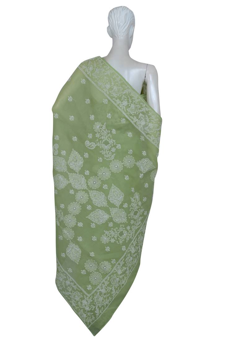 Ada Hand Embroidered Lucknow Chikankari Green Cotton Saree With Blouse