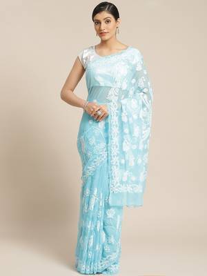 Ada Hand Embroidered Blue Faux Georgette Lucknow Chikankari Women Saree With Blouse - A130075 1