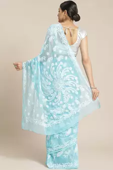 Ada Hand Embroidered Blue Faux Georgette Lucknow Chikankari Women Saree With Blouse - A130075