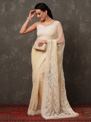 Women Hand Embroidered Fawn Faux Georgette Lucknow Chikankari Saree With Blouse 1