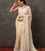 Women Hand Embroidered Fawn Faux Georgette Lucknow Chikankari Saree With Blouse