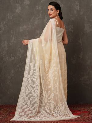 Women Hand Embroidered Fawn Faux Georgette Lucknow Chikankari Saree With Blouse 2