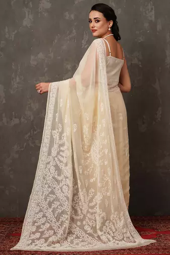 Women Hand Embroidered Fawn Faux Georgette Lucknow Chikankari Saree With Blouse