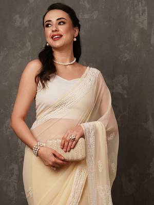 Women Hand Embroidered Fawn Faux Georgette Lucknow Chikankari Saree With Blouse 3