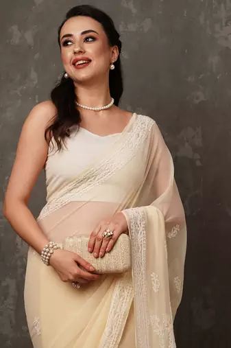 Women Hand Embroidered Fawn Faux Georgette Lucknow Chikankari Saree With Blouse