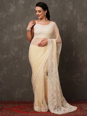 Women Hand Embroidered Fawn Faux Georgette Lucknow Chikankari Saree With Blouse 4