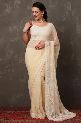 Women Hand Embroidered Fawn Faux Georgette Lucknow Chikankari Saree With Blouse
