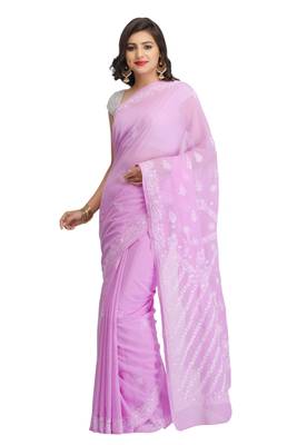 Ada Hand Embroidered Mauve Faux Georgette Lucknow Chikankari Saree With Blouse 1