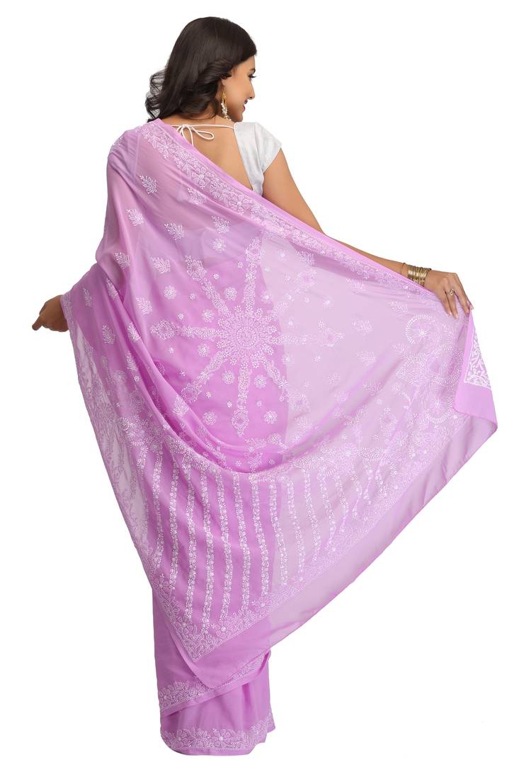 Ada Hand Embroidered Mauve Faux Georgette Lucknow Chikankari Saree With Blouse