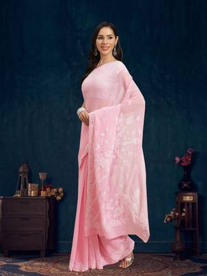 Ada Hand Embroidered Pink Faux Georgette Lucknow Chikankari Saree With Blouse 1