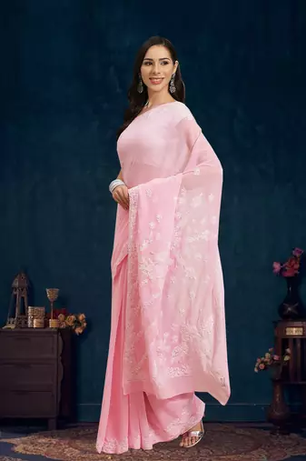 Ada Hand Embroidered Pink Faux Georgette Lucknow Chikankari Saree With Blouse