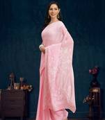 Ada Hand Embroidered Pink Faux Georgette Lucknow Chikankari Saree With Blouse
