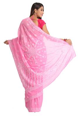Ada Hand Embroidered Pink Faux Georgette Lucknow Chikankari Saree With Blouse 2