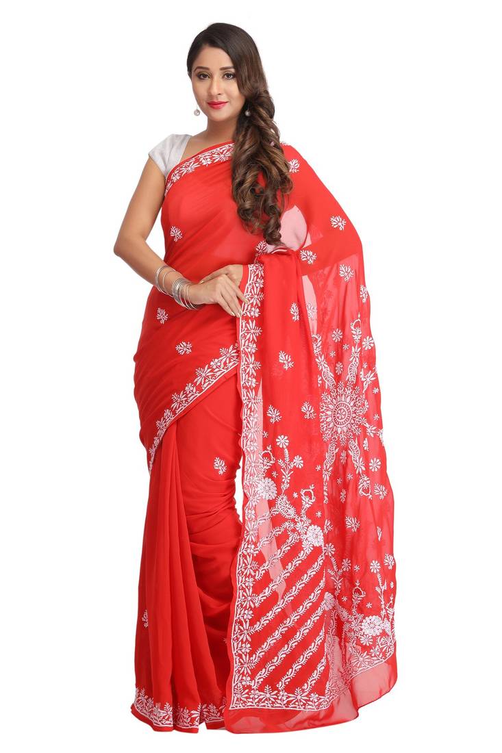 Ada Hand Embroidered Red Faux Georgette Lucknow Chikankari Saree With Blouse