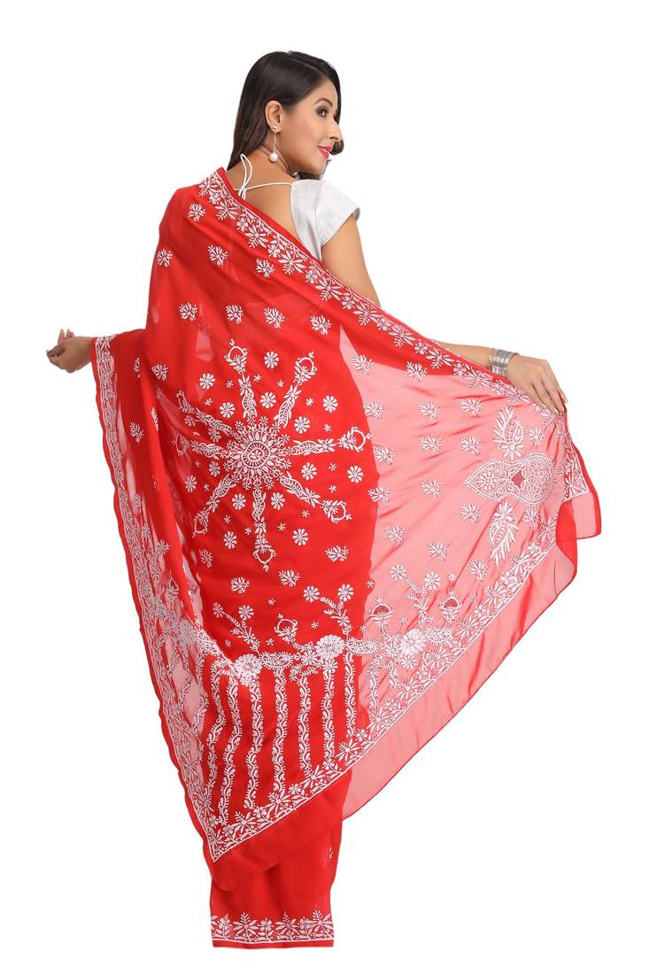 Ada Hand Embroidered Red Faux Georgette Lucknow Chikankari Saree With Blouse