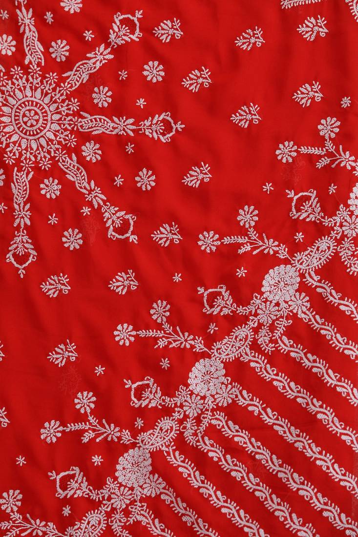 Ada Hand Embroidered Red Faux Georgette Lucknow Chikankari Saree With Blouse
