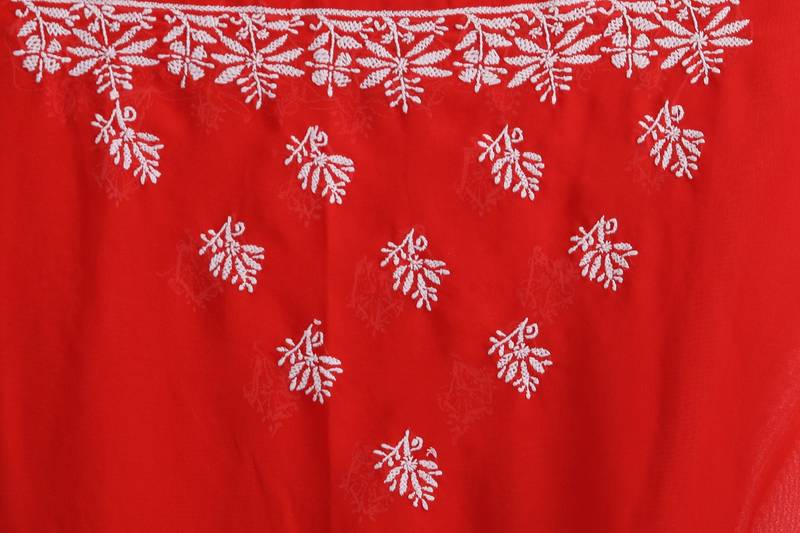 Ada Hand Embroidered Red Faux Georgette Lucknow Chikankari Saree With Blouse