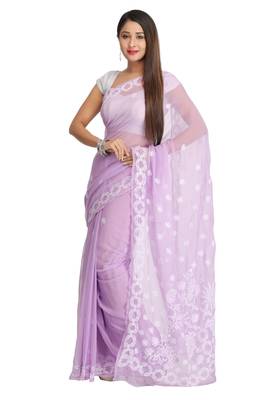 Ada Hand Embroidered LAVENDER  Faux Georgette Lucknow Chikankari Women Saree With Blouse - A129559 1