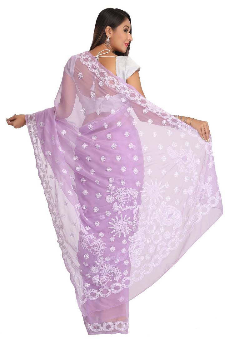 Ada Hand Embroidered LAVENDER  Faux Georgette Lucknow Chikankari Women Saree With Blouse - A129559