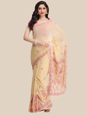 Ada Hand Embroidered Fawn Faux Georgette Lucknow Chikankari Women Saree With Blouse - A159296 1