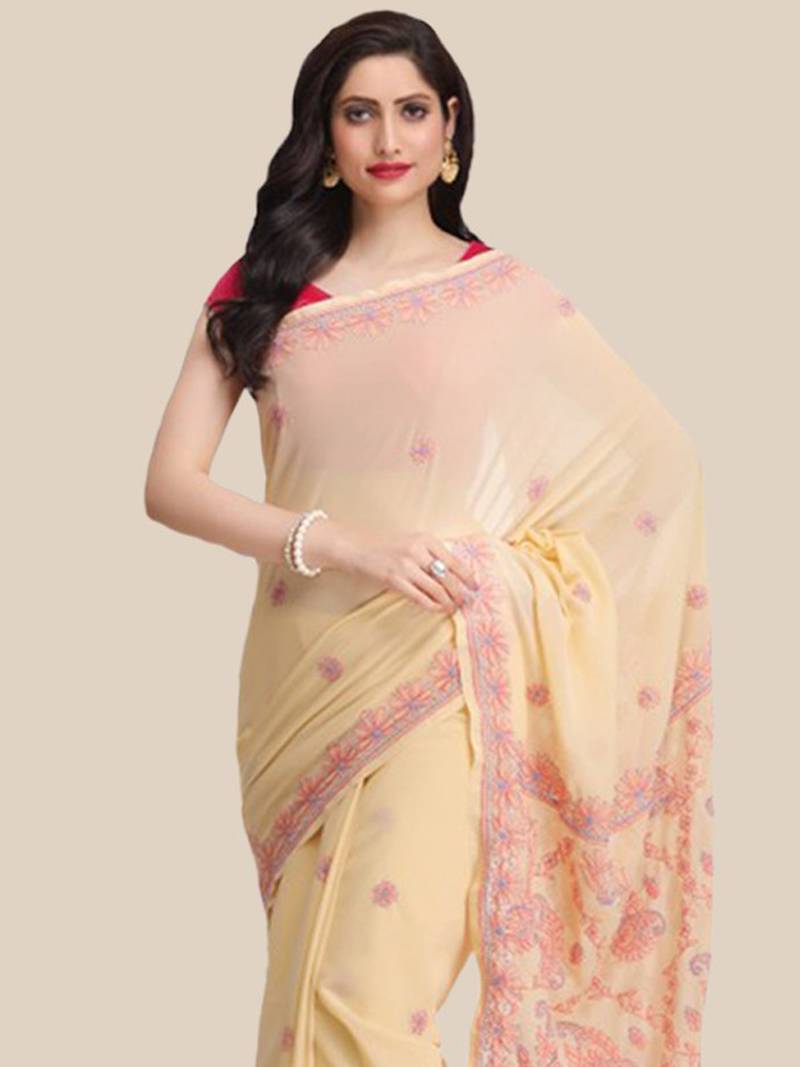 Ada Hand Embroidered Fawn Faux Georgette Lucknow Chikankari Women Saree With Blouse - A159296