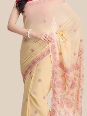 Ada Hand Embroidered Fawn Faux Georgette Lucknow Chikankari Women Saree With Blouse - A159296 3