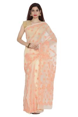Ada Hand Embroidered Fawn Faux Georgette Lucknow Chikankari Saree With Blouse 1