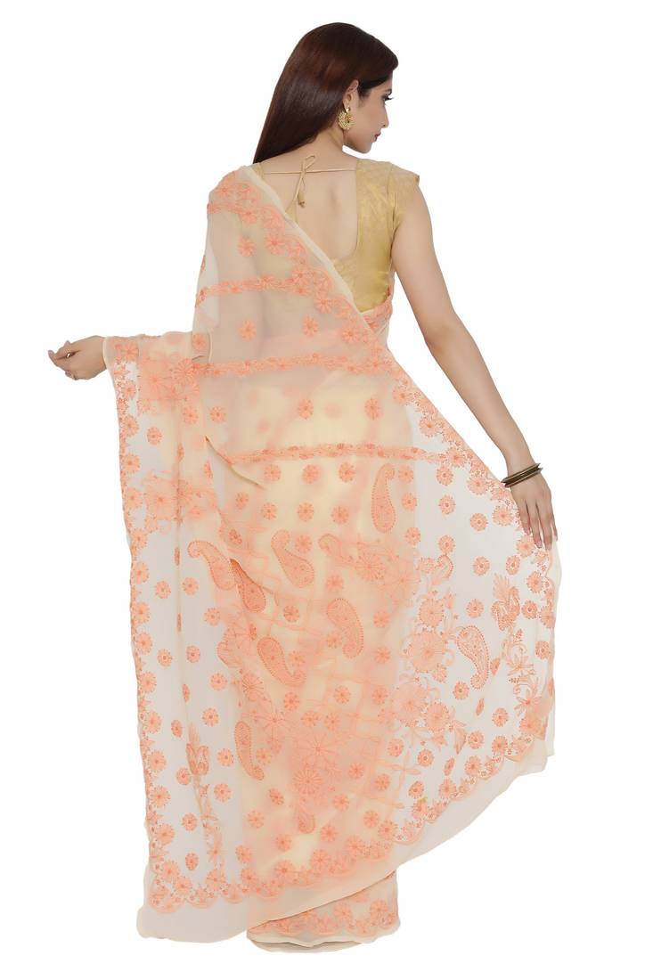 Ada Hand Embroidered Fawn Faux Georgette Lucknow Chikankari Saree With Blouse