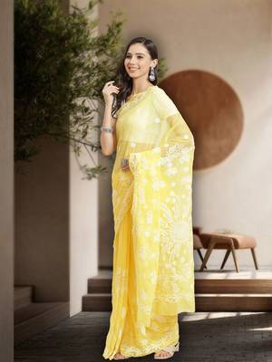 Hand Embroidered Yellow Faux Georgette Lucknowi Chikankari Women Saree With Blouse 1