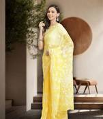 Hand Embroidered Yellow Faux Georgette Lucknowi Chikankari Women Saree With Blouse