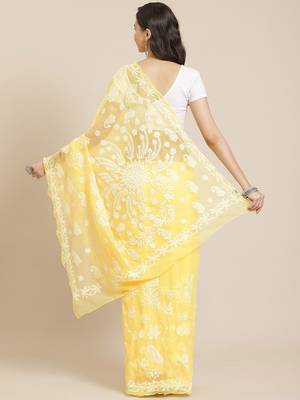 Hand Embroidered Yellow Faux Georgette Lucknowi Chikankari Women Saree With Blouse 2