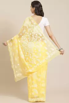 Hand Embroidered Yellow Faux Georgette Lucknowi Chikankari Women Saree With Blouse