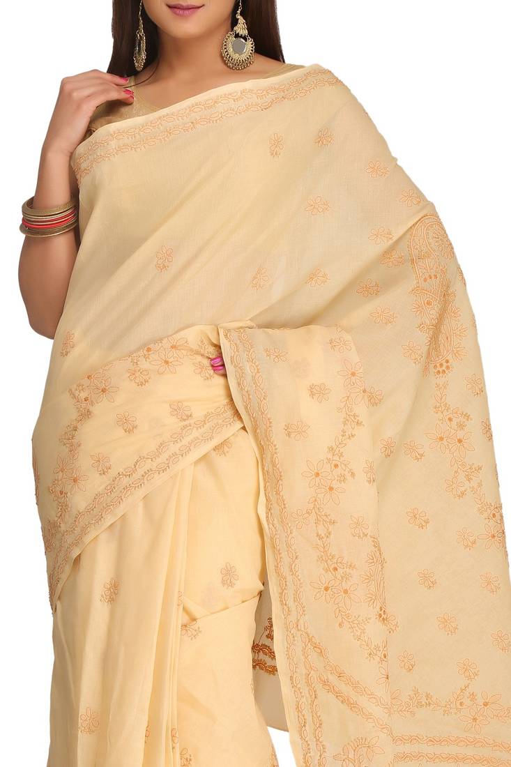 Ada Hand Embroidered Fawn Cotton Lucknow Chikankari Saree With Blouse