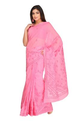 Ada Hand Embroidered Pink Cotton Lucknow Chikankari Saree With Blouse 1
