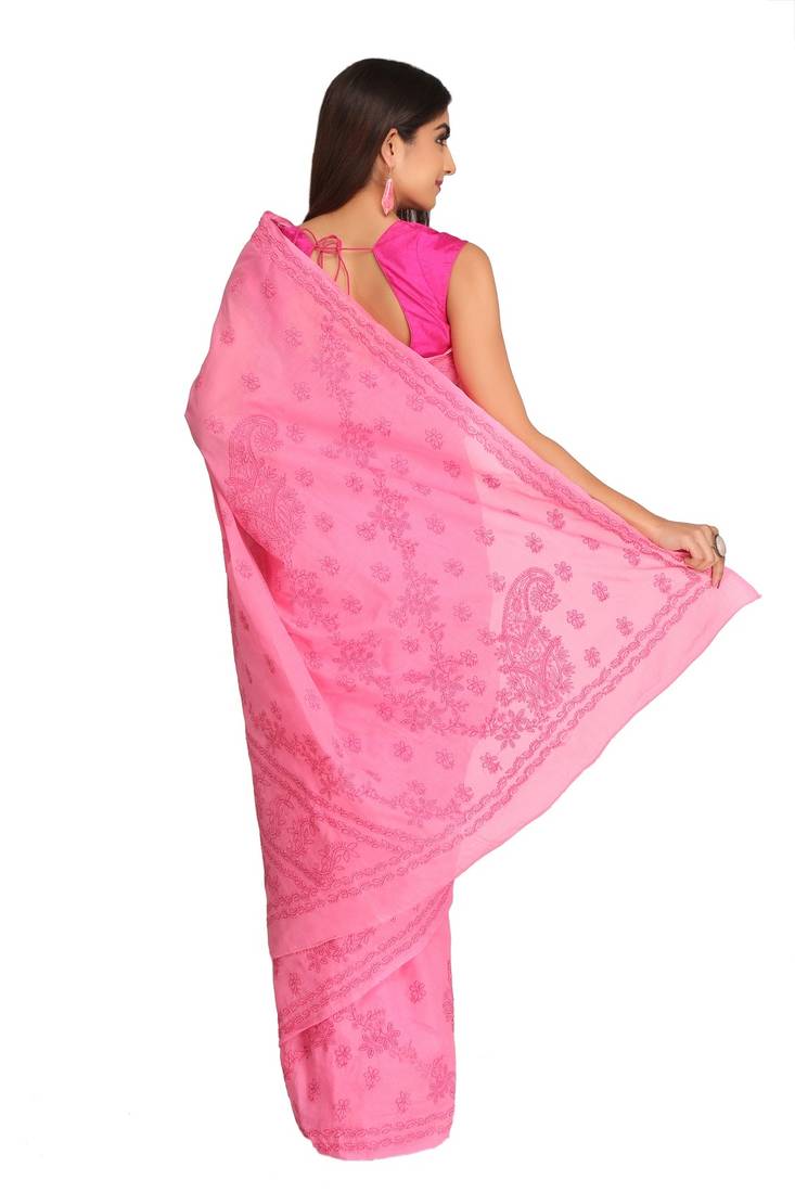 Ada Hand Embroidered Pink Cotton Lucknow Chikankari Saree With Blouse