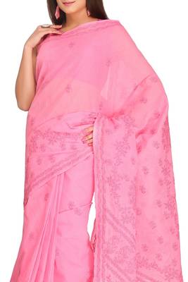 Ada Hand Embroidered Pink Cotton Lucknow Chikankari Saree With Blouse 3