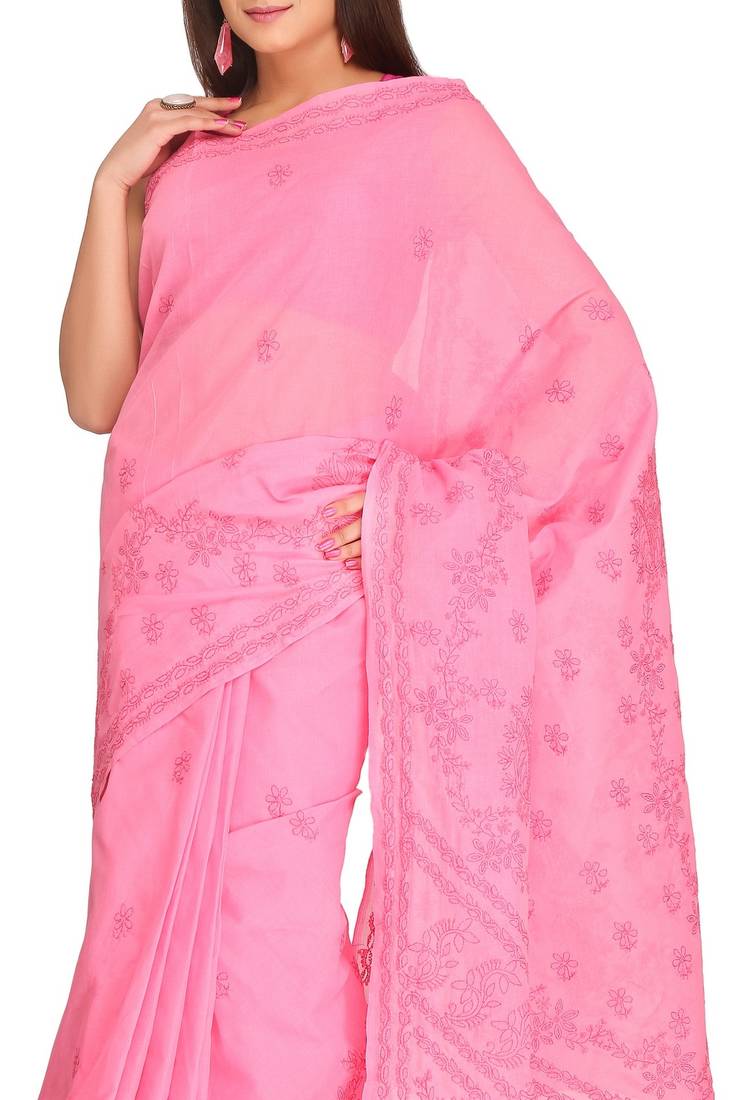 Ada Hand Embroidered Pink Cotton Lucknow Chikankari Saree With Blouse