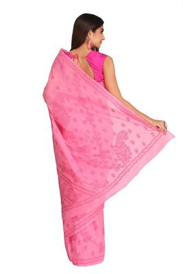 Ada Hand Embroidered Pink Cotton Lucknow Chikankari Saree With Blouse 3