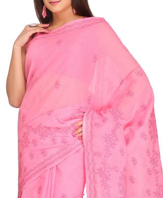 Ada Hand Embroidered Pink Cotton Lucknow Chikankari Saree With Blouse 4
